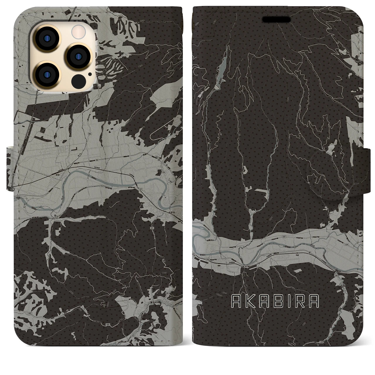 【赤平(北海道)】地図柄iPhoneケース(手帳タイプ)モノトーン・iPhone 12 Pro Max 用