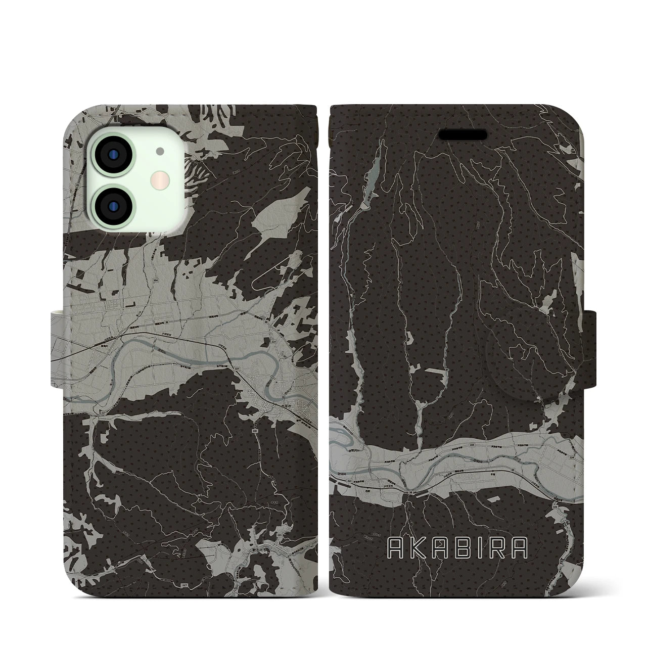 【赤平(北海道)】地図柄iPhoneケース(手帳タイプ)モノトーン・iPhone 12 mini 用
