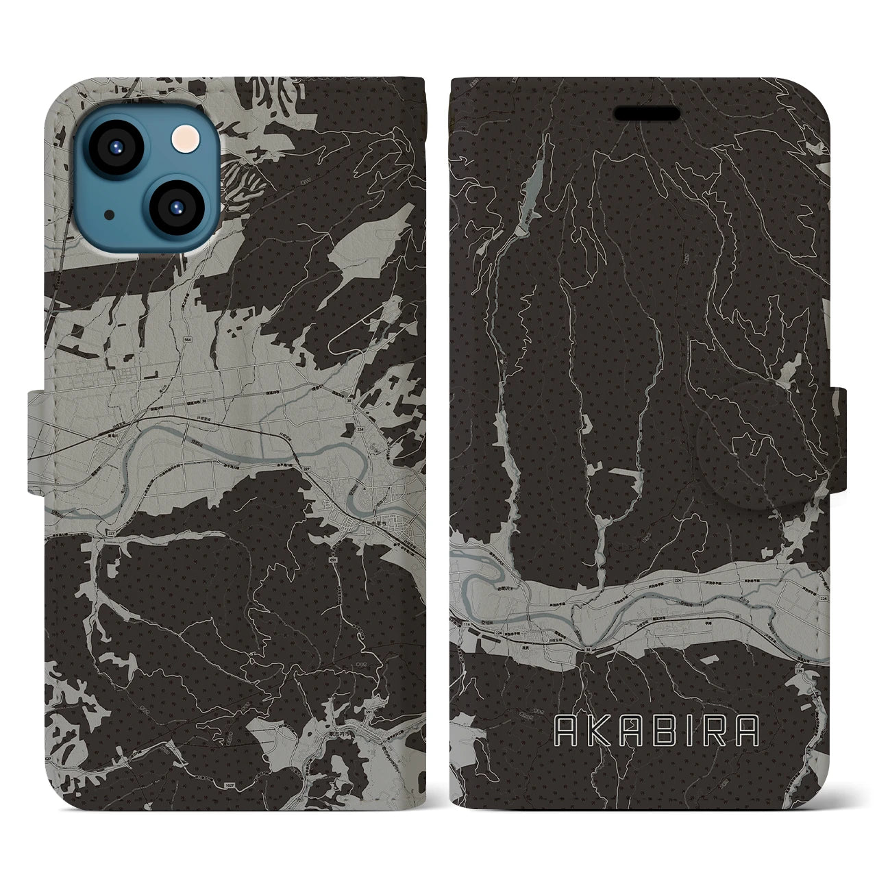 【赤平(北海道)】地図柄iPhoneケース(手帳タイプ)モノトーン・iPhone 13 用