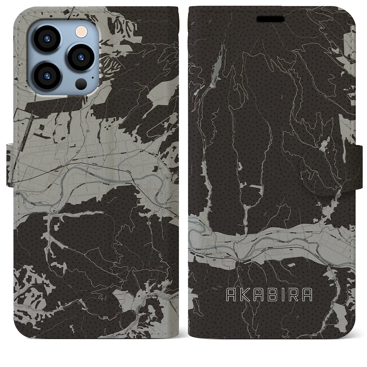 【赤平(北海道)】地図柄iPhoneケース(手帳タイプ)モノトーン・iPhone 13 Pro Max 用