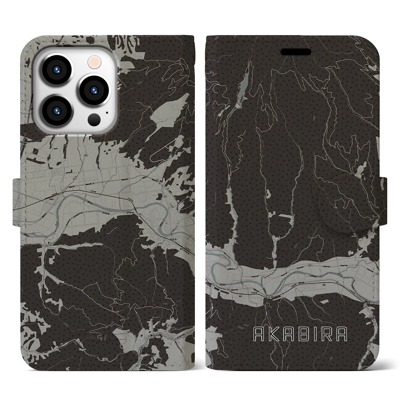 【赤平(北海道)】地図柄iPhoneケース(手帳タイプ)モノトーン・iPhone 13 Pro 用