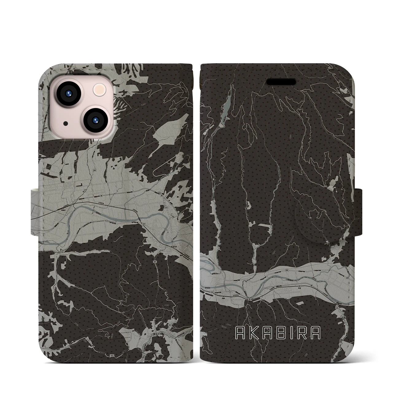 【赤平(北海道)】地図柄iPhoneケース(手帳タイプ)モノトーン・iPhone 13 mini 用