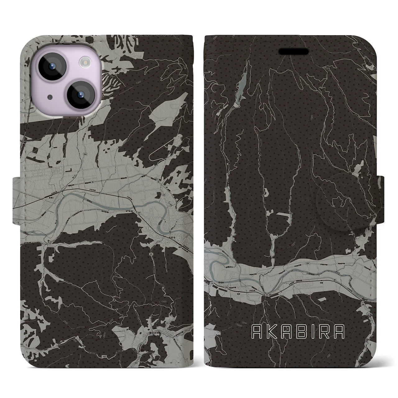 【赤平(北海道)】地図柄iPhoneケース(手帳タイプ)モノトーン・iPhone 14 用