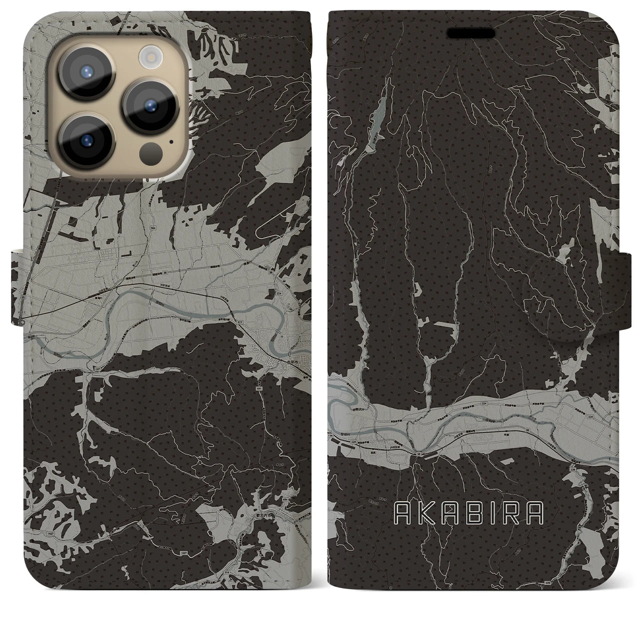 【赤平(北海道)】地図柄iPhoneケース(手帳タイプ)モノトーン・iPhone 14 Pro Max 用