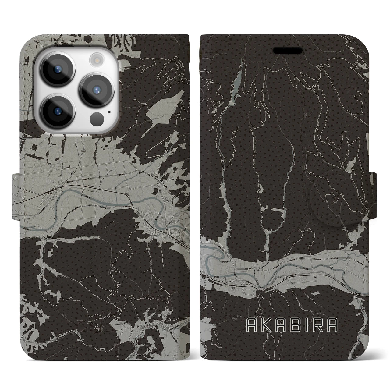 【赤平(北海道)】地図柄iPhoneケース(手帳タイプ)モノトーン・iPhone 14 Pro 用