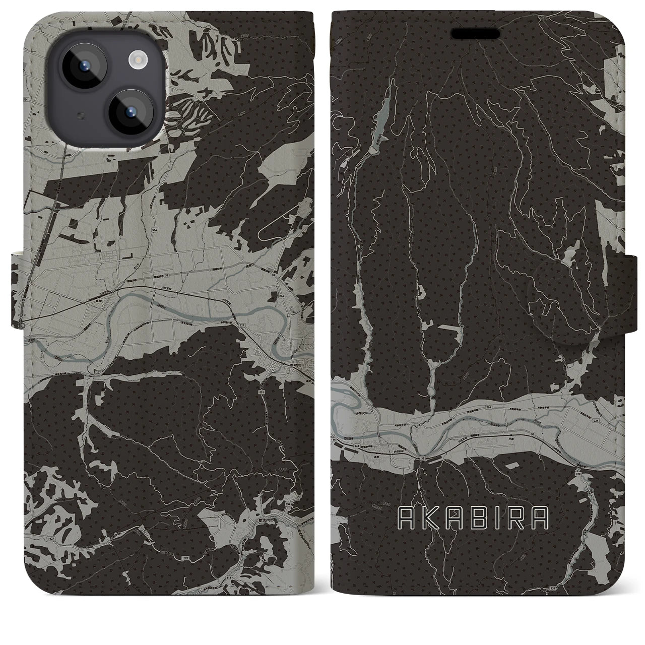 【赤平(北海道)】地図柄iPhoneケース(手帳タイプ)モノトーン・iPhone 14 Plus 用