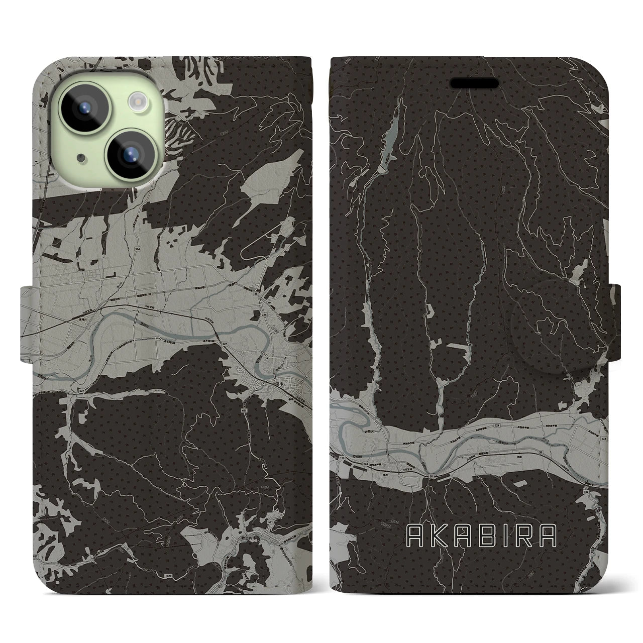 【赤平(北海道)】地図柄iPhoneケース(手帳タイプ)モノトーン・iPhone 15 用