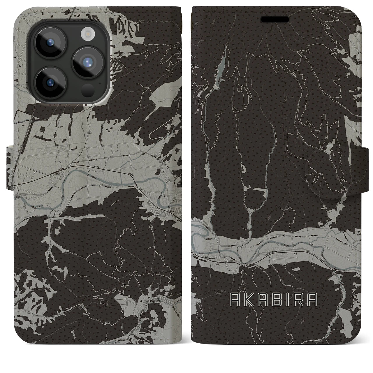 【赤平(北海道)】地図柄iPhoneケース(手帳タイプ)モノトーン・iPhone 15 Pro Max 用