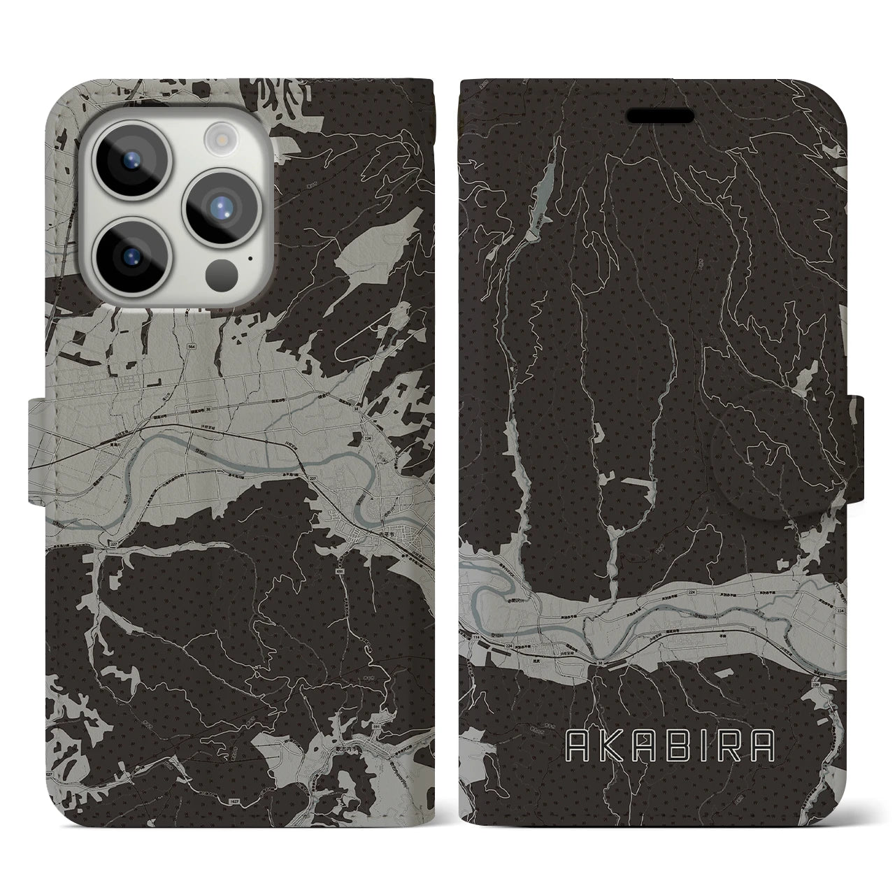 【赤平(北海道)】地図柄iPhoneケース(手帳タイプ)モノトーン・iPhone 15 Pro 用