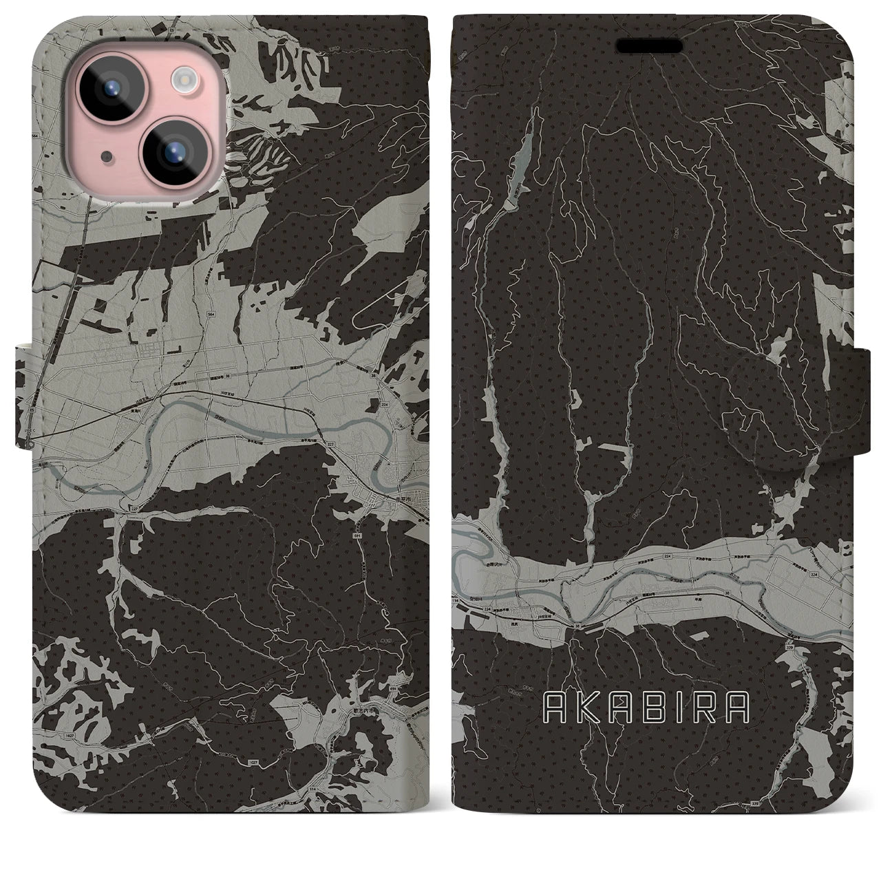 【赤平(北海道)】地図柄iPhoneケース(手帳タイプ)モノトーン・iPhone 15 Plus 用