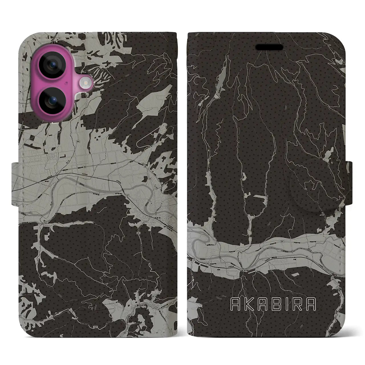 【赤平(北海道)】地図柄iPhoneケース(手帳タイプ)モノトーン・iPhone 16 Pro 用