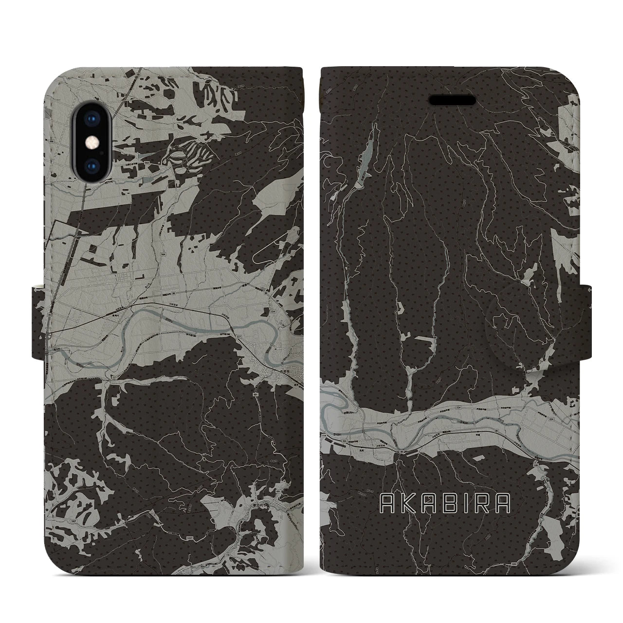 【赤平(北海道)】地図柄iPhoneケース(手帳タイプ)モノトーン・iPhone XS / X 用