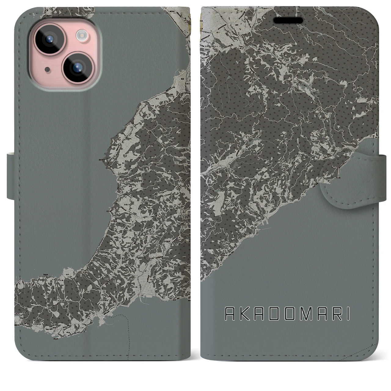 【赤泊(新潟県)】地図柄iPhoneケース(手帳タイプ)モノトーン・iPhone 15 Plus 用