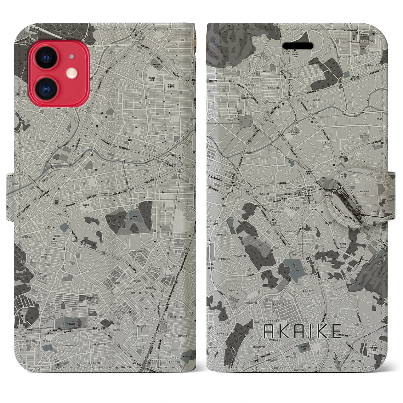 【赤池(愛知県)】地図柄iPhoneケース(手帳タイプ)モノトーン・iPhone 11 用