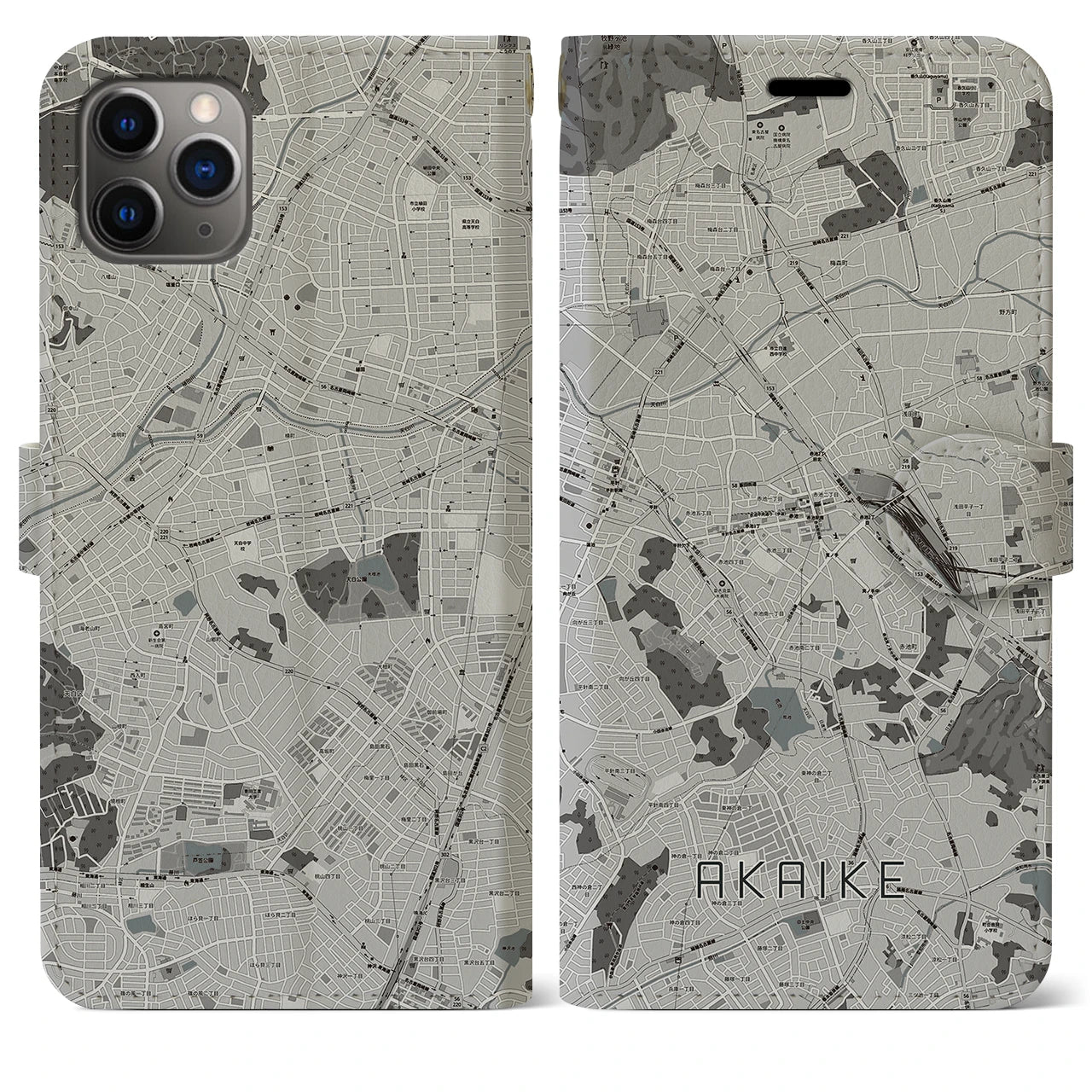 【赤池(愛知県)】地図柄iPhoneケース(手帳タイプ)モノトーン・iPhone 11 Pro Max 用