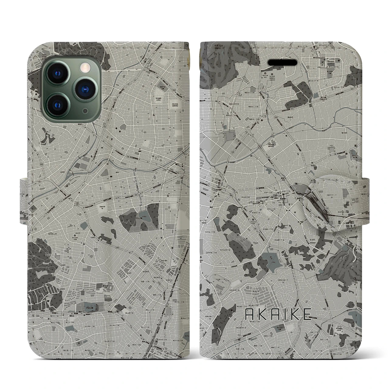 【赤池(愛知県)】地図柄iPhoneケース(手帳タイプ)モノトーン・iPhone 11 Pro 用