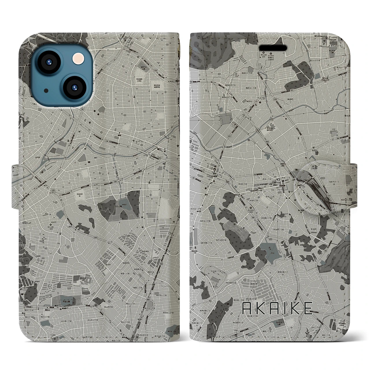 【赤池(愛知県)】地図柄iPhoneケース(手帳タイプ)モノトーン・iPhone 13 用