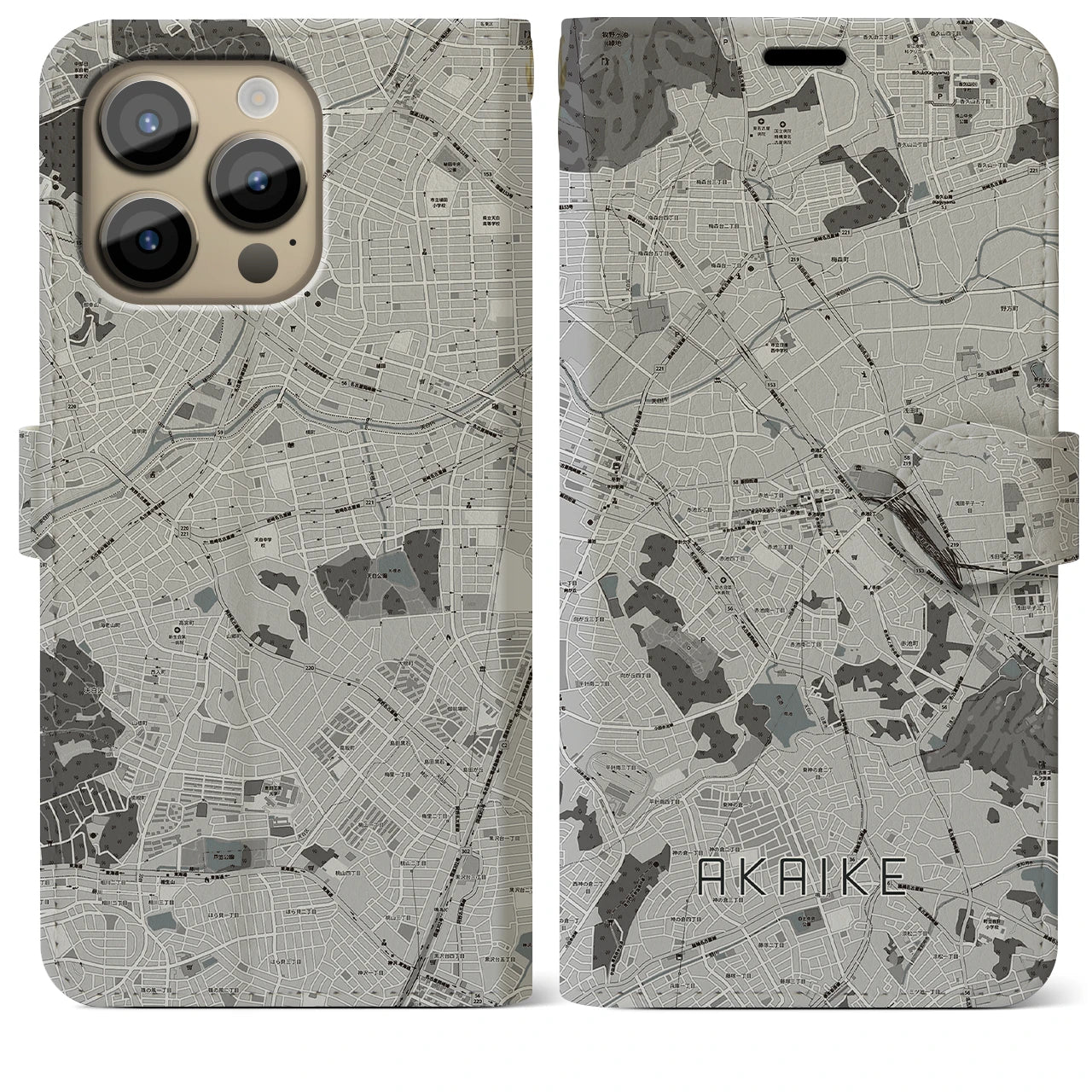 【赤池(愛知県)】地図柄iPhoneケース(手帳タイプ)モノトーン・iPhone 14 Pro Max 用