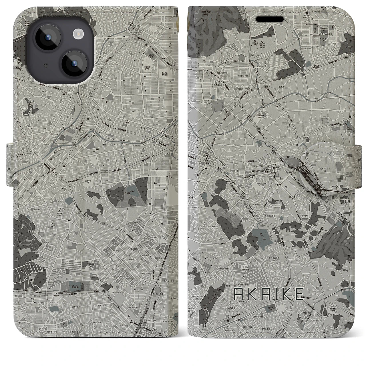 【赤池(愛知県)】地図柄iPhoneケース(手帳タイプ)モノトーン・iPhone 14 Plus 用
