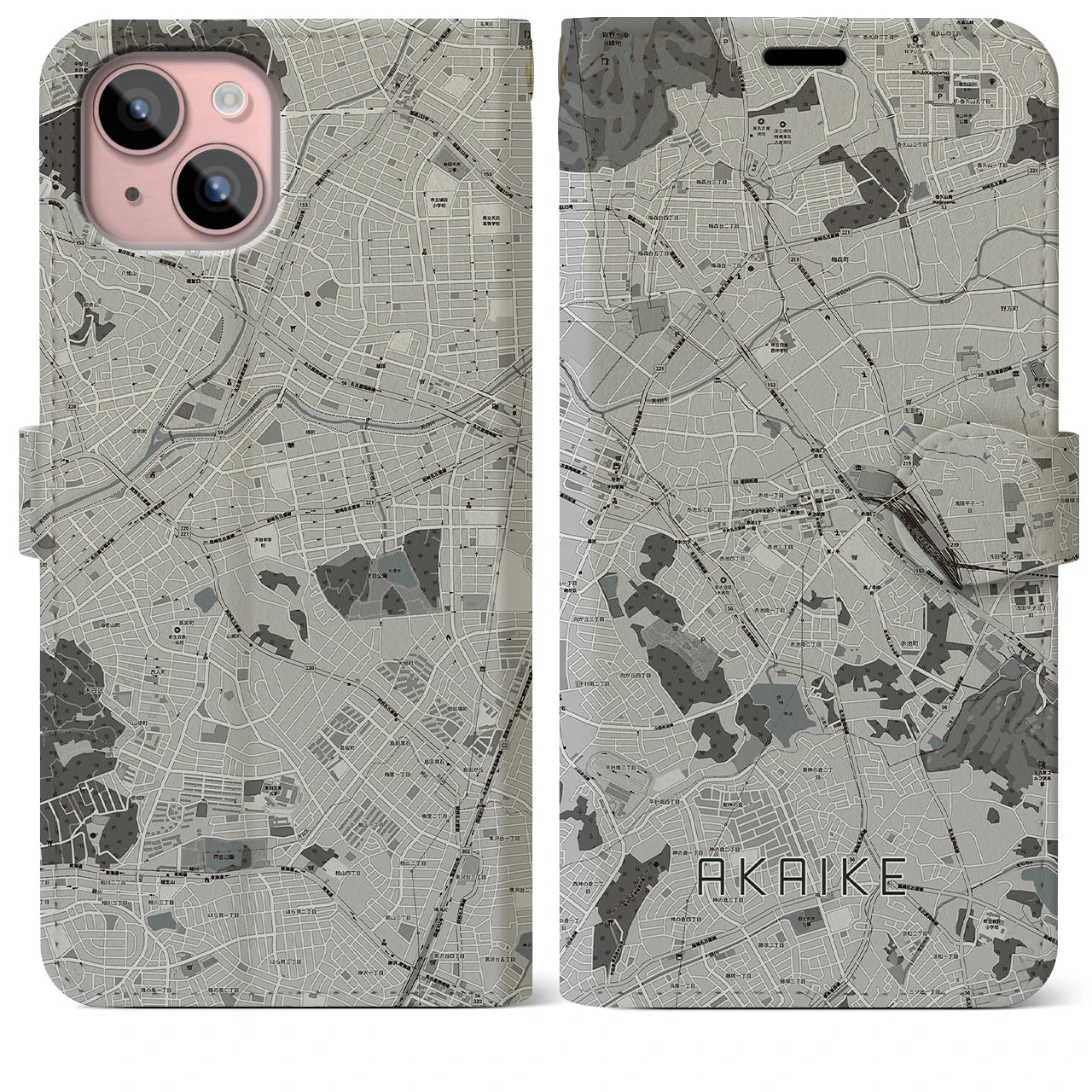 【赤池(愛知県)】地図柄iPhoneケース(手帳タイプ)モノトーン・iPhone 15 Plus 用