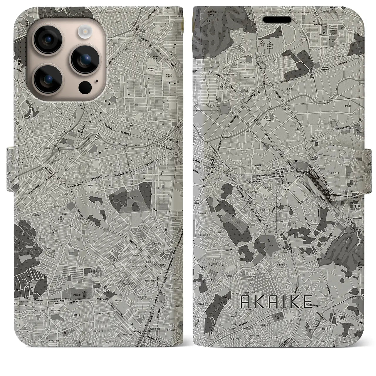 【赤池(愛知県)】地図柄iPhoneケース(手帳タイプ)モノトーン・iPhone 16 Plus 用