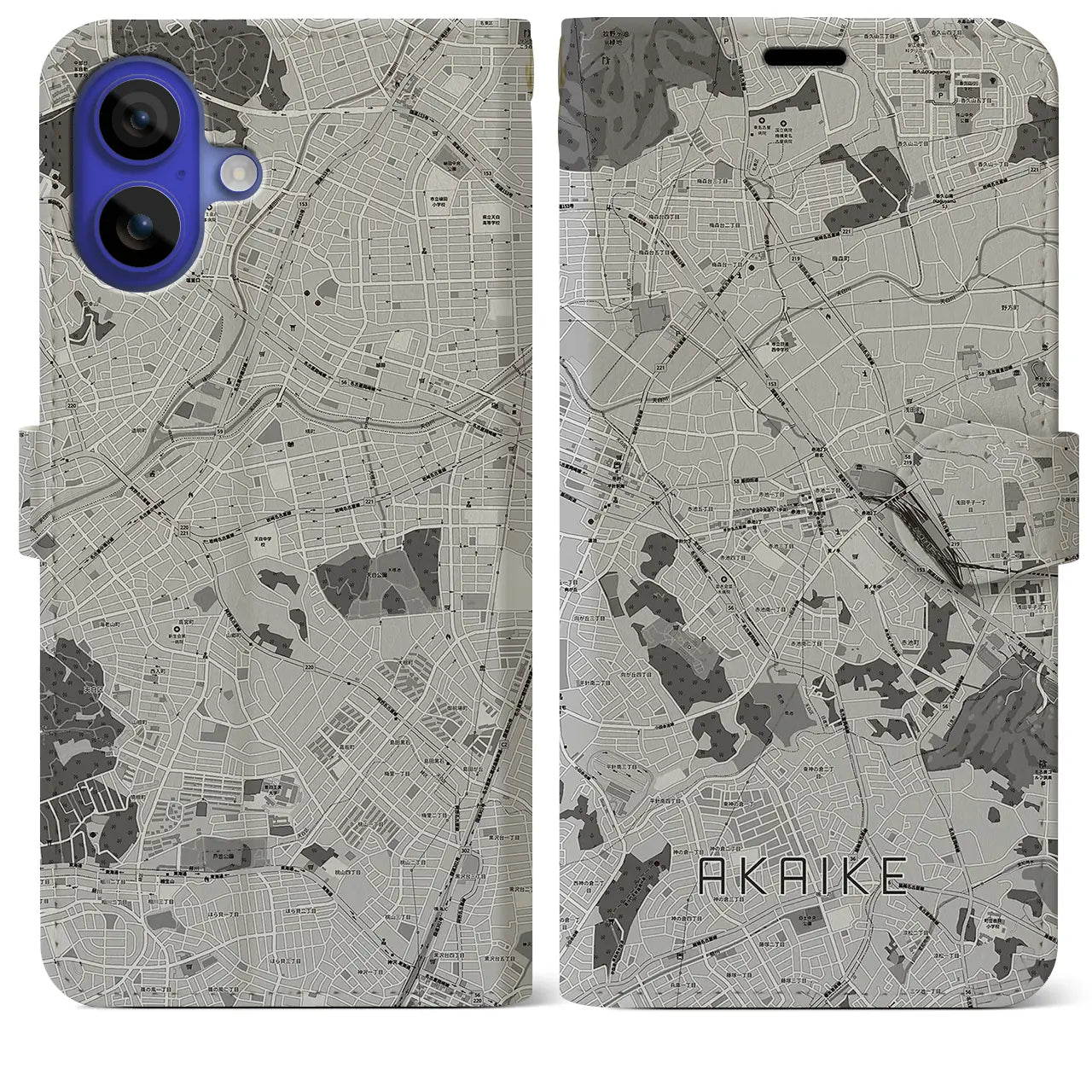 【赤池(愛知県)】地図柄iPhoneケース(手帳タイプ)モノトーン・iPhone 16 Pro Max 用