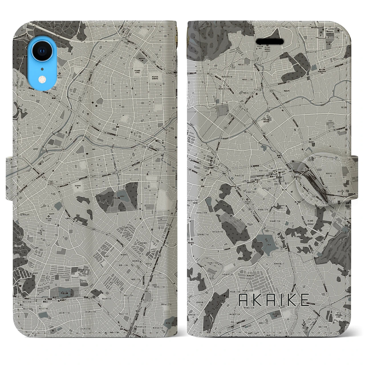 【赤池(愛知県)】地図柄iPhoneケース(手帳タイプ)モノトーン・iPhone XR 用
