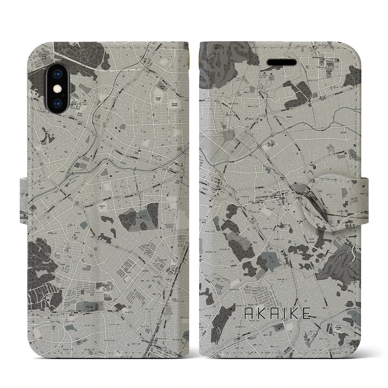 【赤池(愛知県)】地図柄iPhoneケース(手帳タイプ)モノトーン・iPhone XS / X 用
