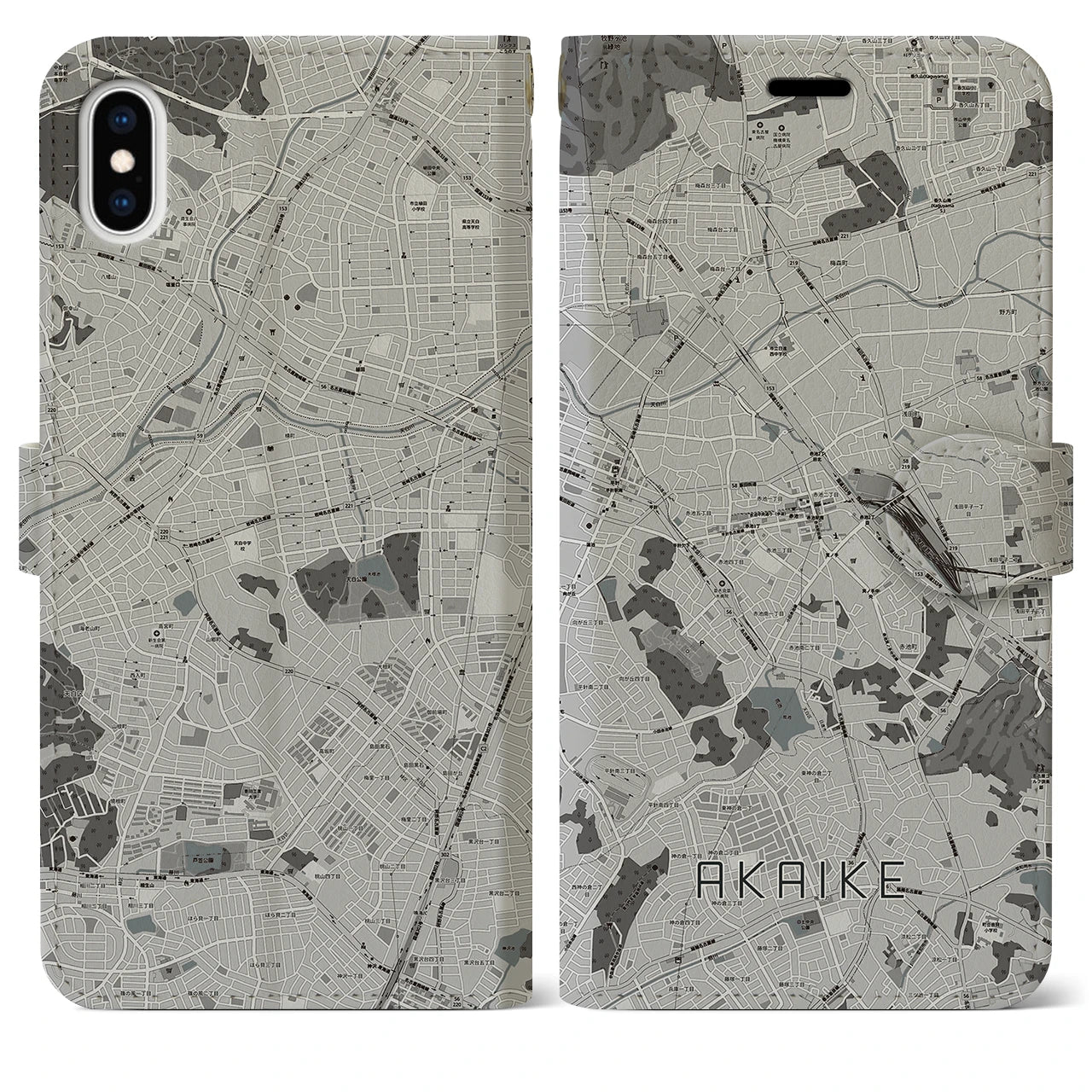 【赤池(愛知県)】地図柄iPhoneケース(手帳タイプ)モノトーン・iPhone XS Max 用