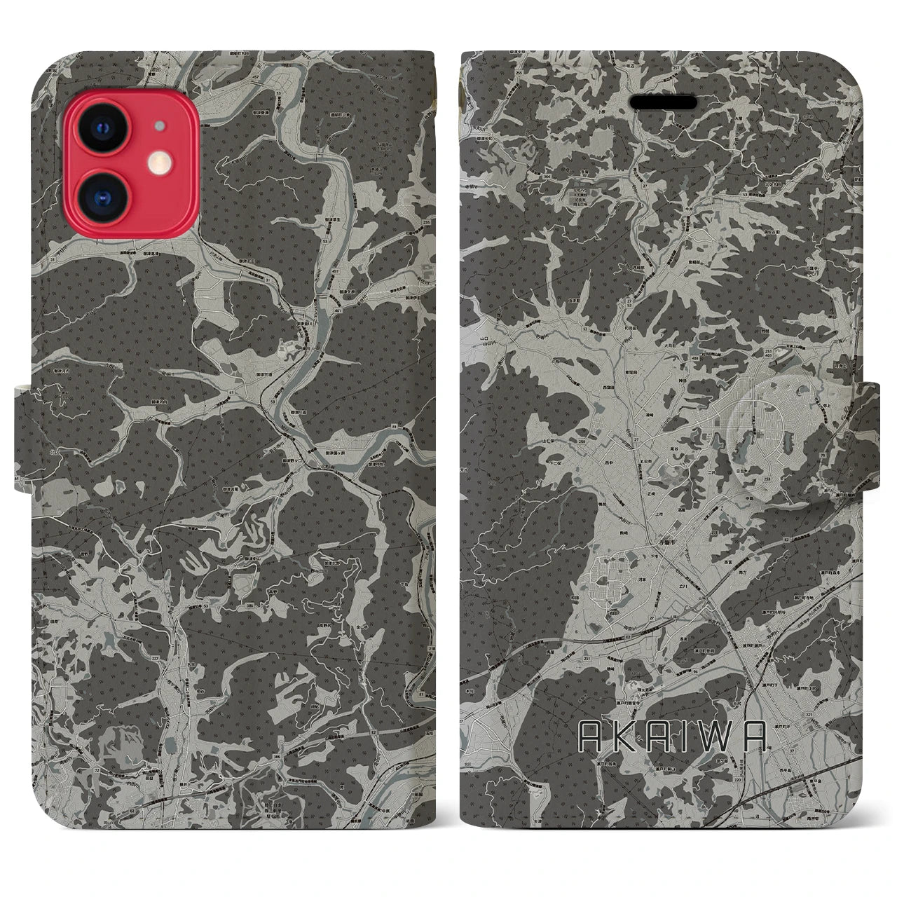 【赤磐(岡山県)】地図柄iPhoneケース(手帳タイプ)モノトーン・iPhone 11 用