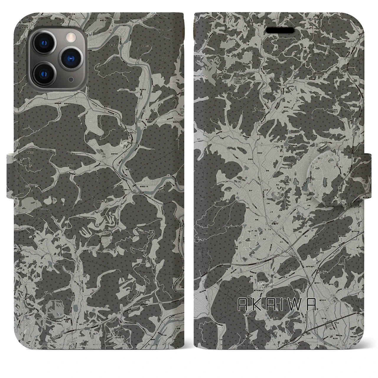 【赤磐(岡山県)】地図柄iPhoneケース(手帳タイプ)モノトーン・iPhone 11 Pro Max 用
