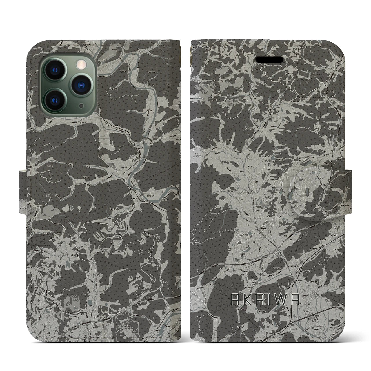 【赤磐(岡山県)】地図柄iPhoneケース(手帳タイプ)モノトーン・iPhone 11 Pro 用