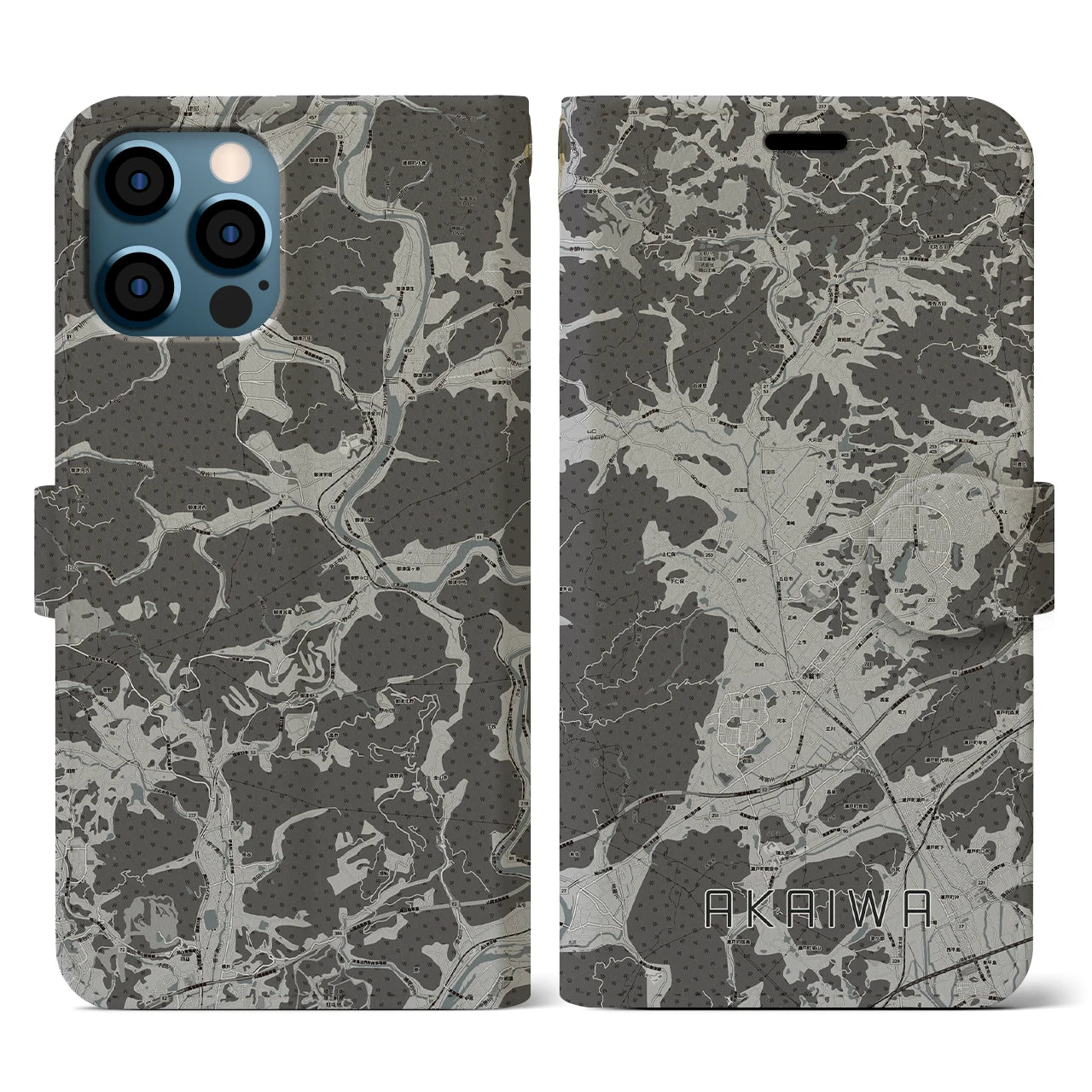 【赤磐(岡山県)】地図柄iPhoneケース(手帳タイプ)モノトーン・iPhone 12 / 12 Pro 用