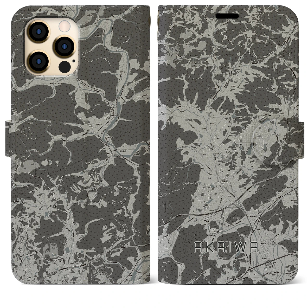 【赤磐(岡山県)】地図柄iPhoneケース(手帳タイプ)モノトーン・iPhone 12 Pro Max 用