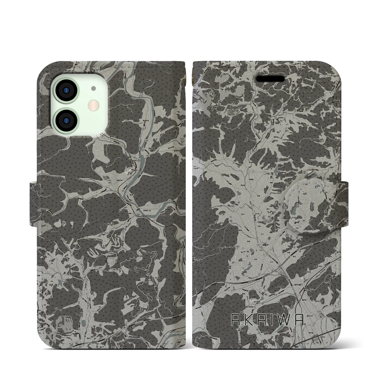 【赤磐(岡山県)】地図柄iPhoneケース(手帳タイプ)モノトーン・iPhone 12 mini 用