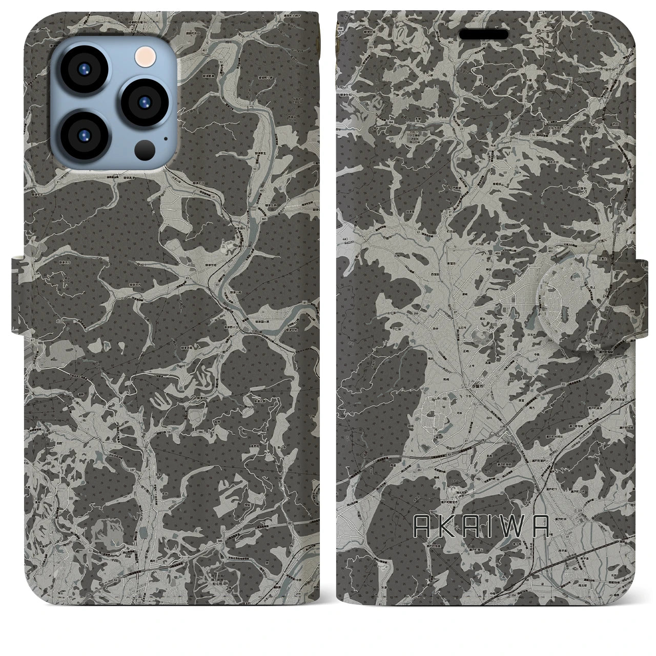 【赤磐(岡山県)】地図柄iPhoneケース(手帳タイプ)モノトーン・iPhone 13 Pro Max 用