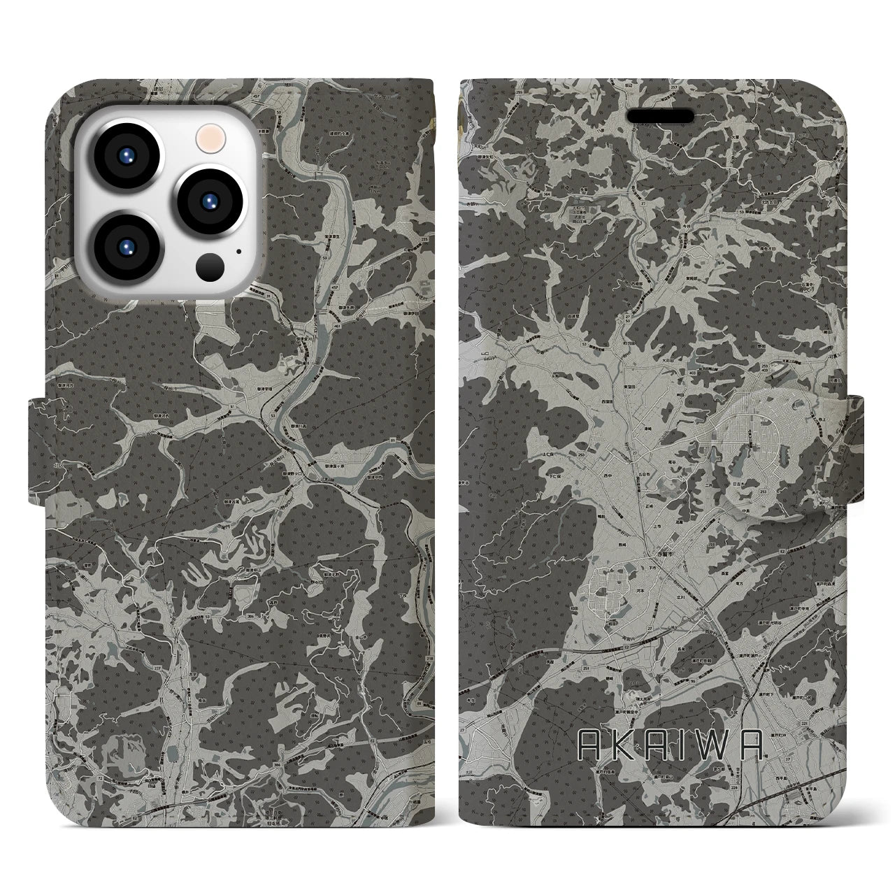 【赤磐(岡山県)】地図柄iPhoneケース(手帳タイプ)モノトーン・iPhone 13 Pro 用
