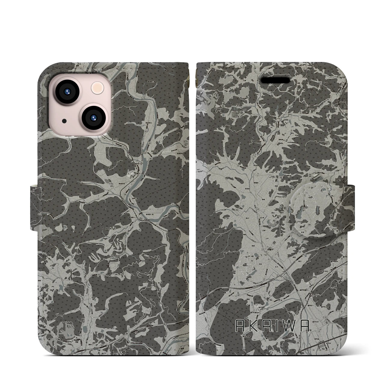 【赤磐(岡山県)】地図柄iPhoneケース(手帳タイプ)モノトーン・iPhone 13 mini 用