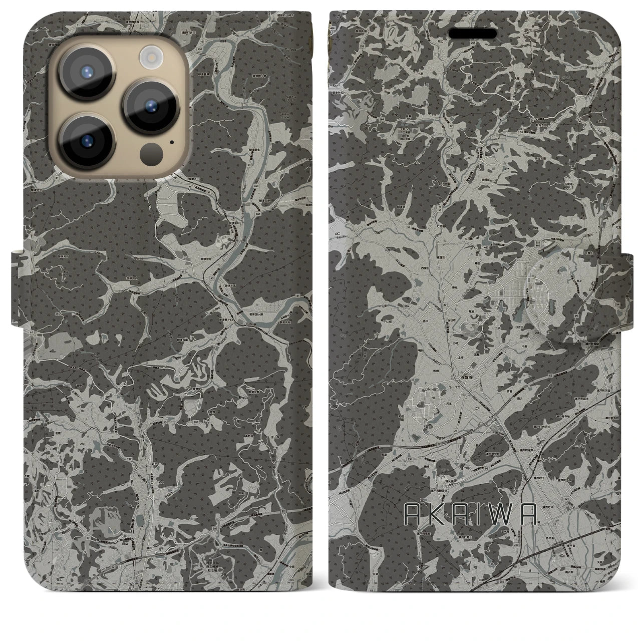 【赤磐(岡山県)】地図柄iPhoneケース(手帳タイプ)モノトーン・iPhone 14 Pro Max 用
