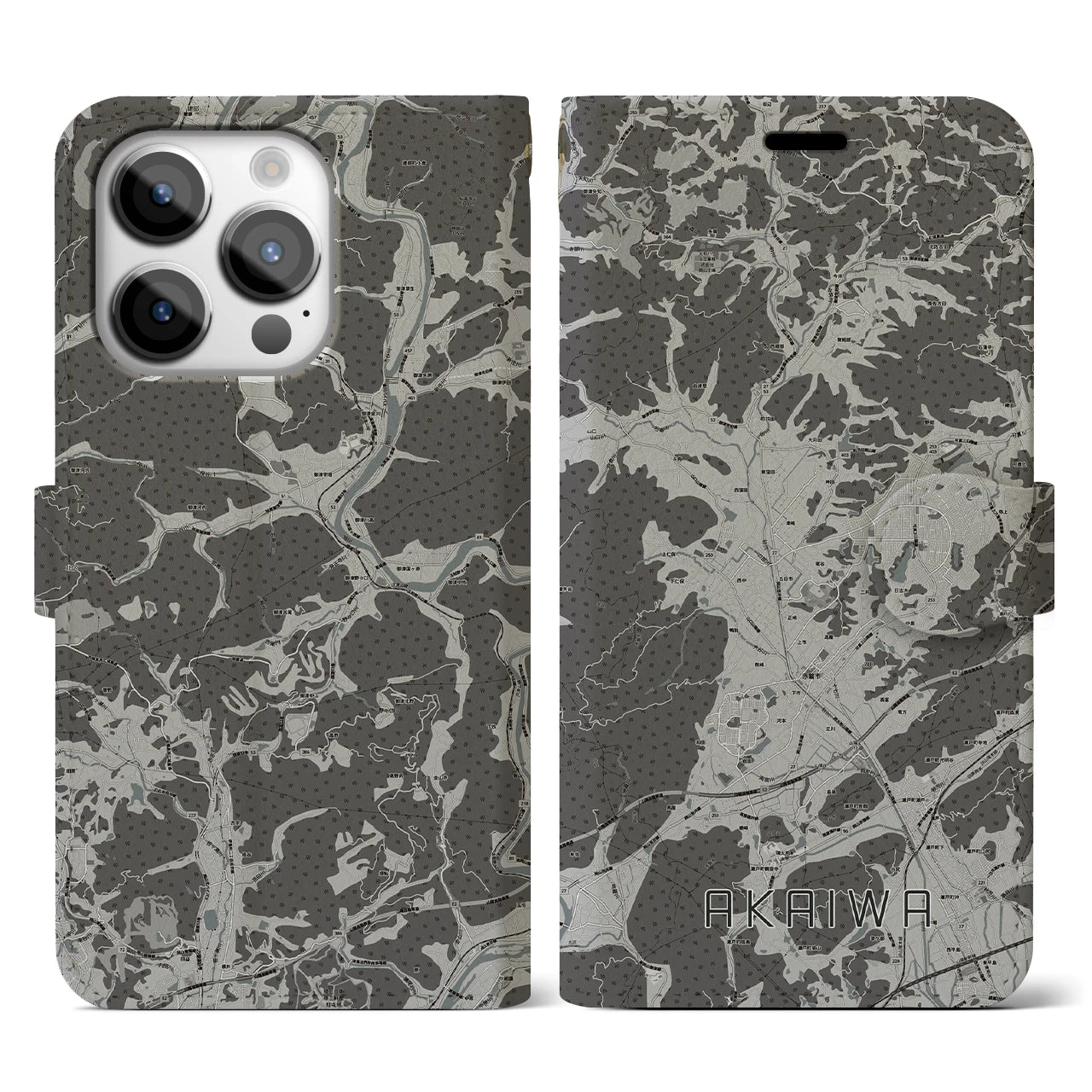 【赤磐(岡山県)】地図柄iPhoneケース(手帳タイプ)モノトーン・iPhone 14 Pro 用