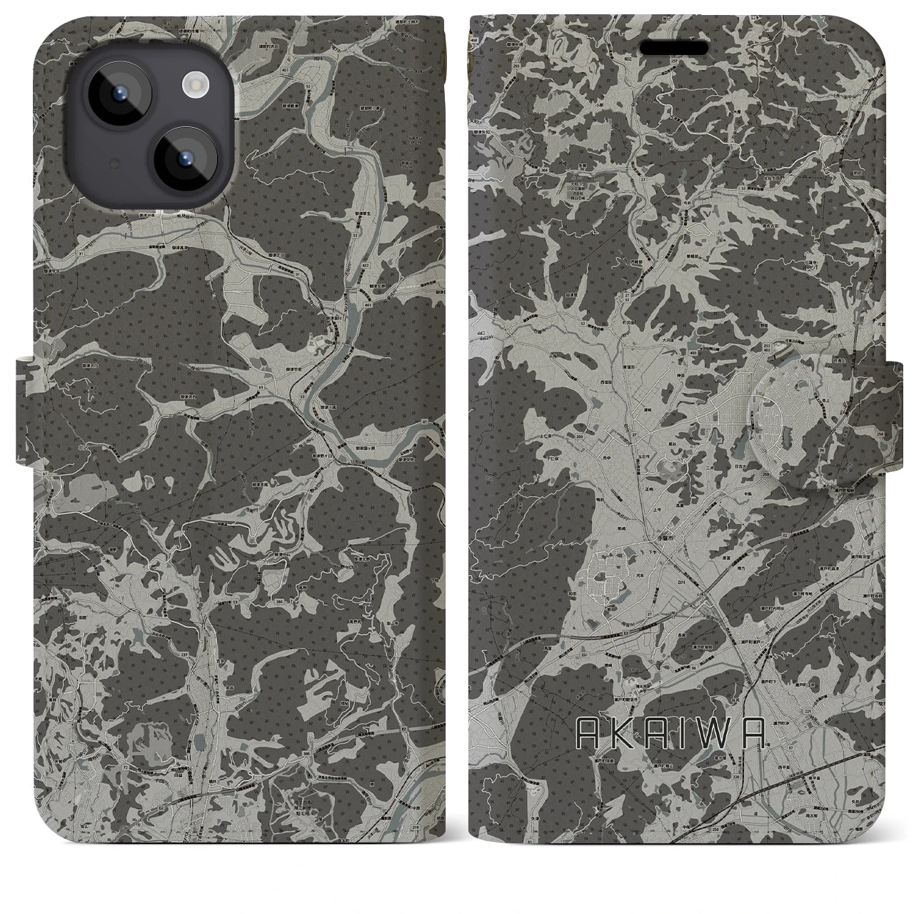 【赤磐(岡山県)】地図柄iPhoneケース(手帳タイプ)モノトーン・iPhone 14 Plus 用