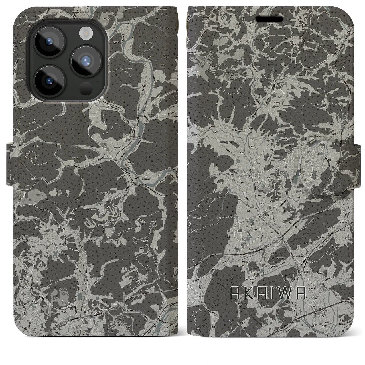 【赤磐(岡山県)】地図柄iPhoneケース(手帳タイプ)モノトーン・iPhone 15 Pro Max 用