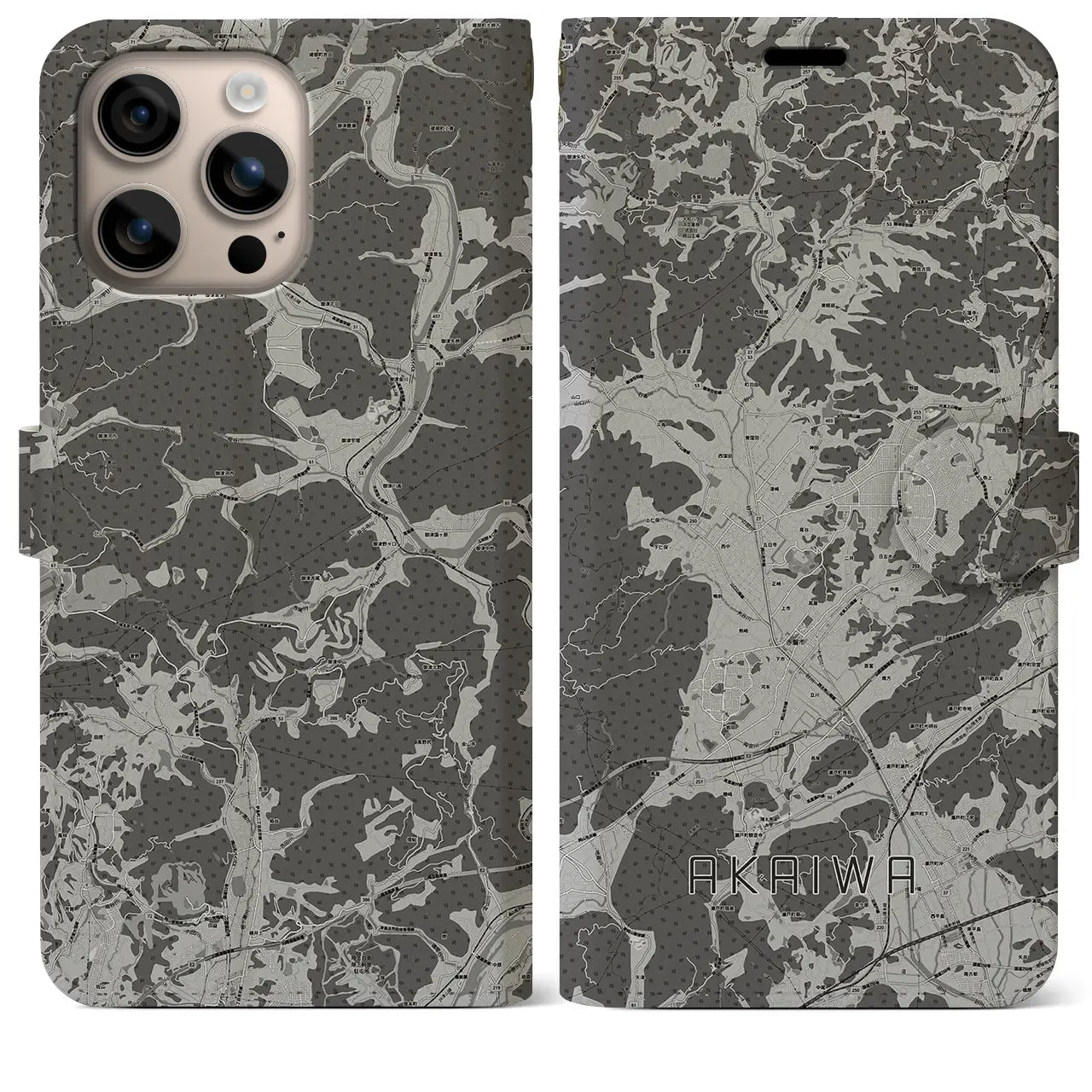 【赤磐(岡山県)】地図柄iPhoneケース(手帳タイプ)モノトーン・iPhone 16 Plus 用