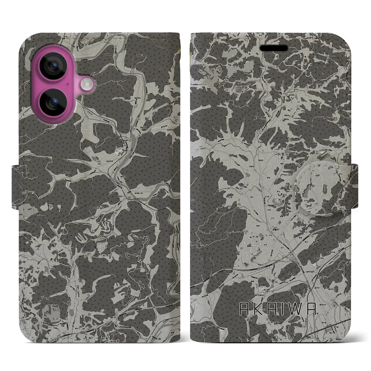 【赤磐(岡山県)】地図柄iPhoneケース(手帳タイプ)モノトーン・iPhone 16 Pro 用