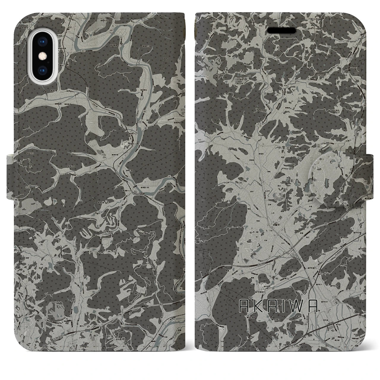 【赤磐(岡山県)】地図柄iPhoneケース(手帳タイプ)モノトーン・iPhone XS Max 用