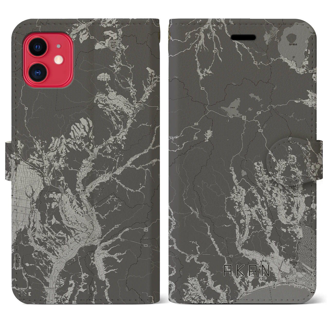 【阿寒(北海道)】地図柄iPhoneケース(手帳タイプ)モノトーン・iPhone 11 用