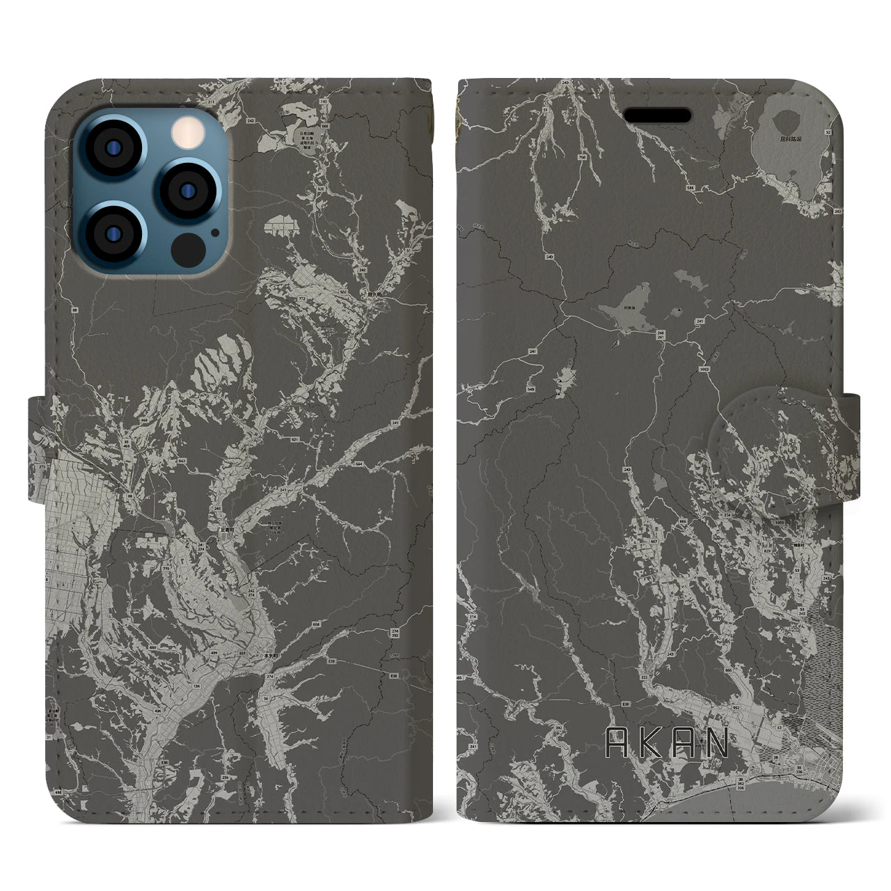 【阿寒(北海道)】地図柄iPhoneケース(手帳タイプ)モノトーン・iPhone 12 / 12 Pro 用