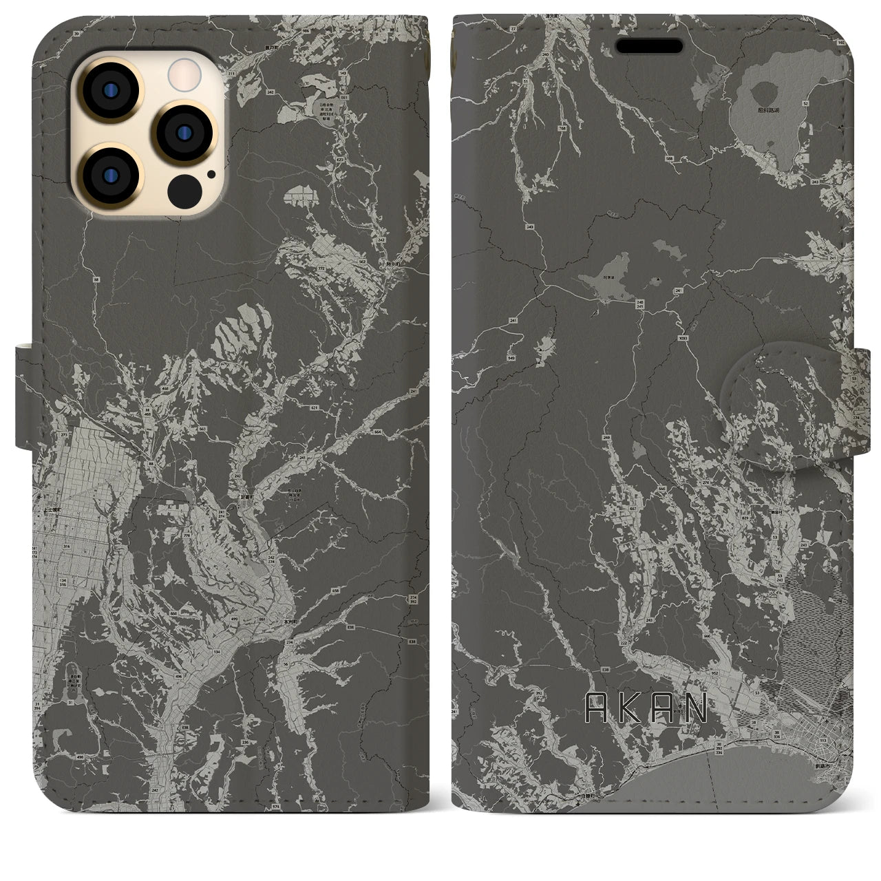 【阿寒(北海道)】地図柄iPhoneケース(手帳タイプ)モノトーン・iPhone 12 Pro Max 用