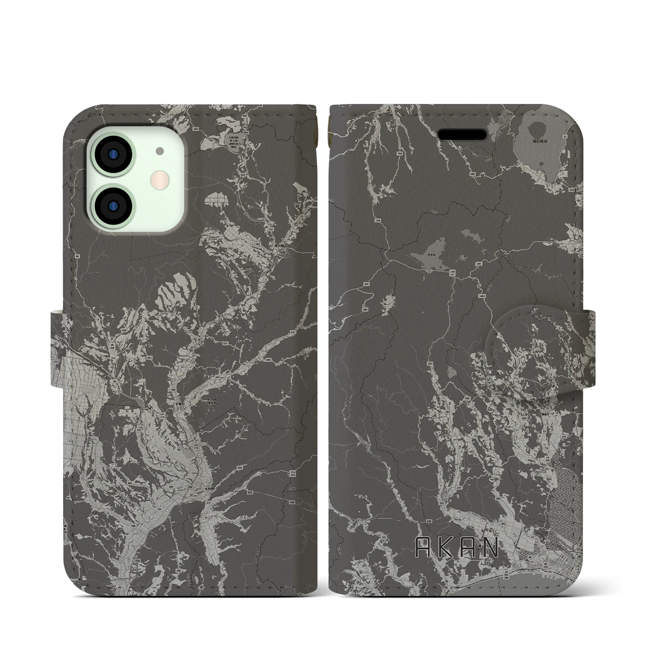 【阿寒(北海道)】地図柄iPhoneケース(手帳タイプ)モノトーン・iPhone 12 mini 用