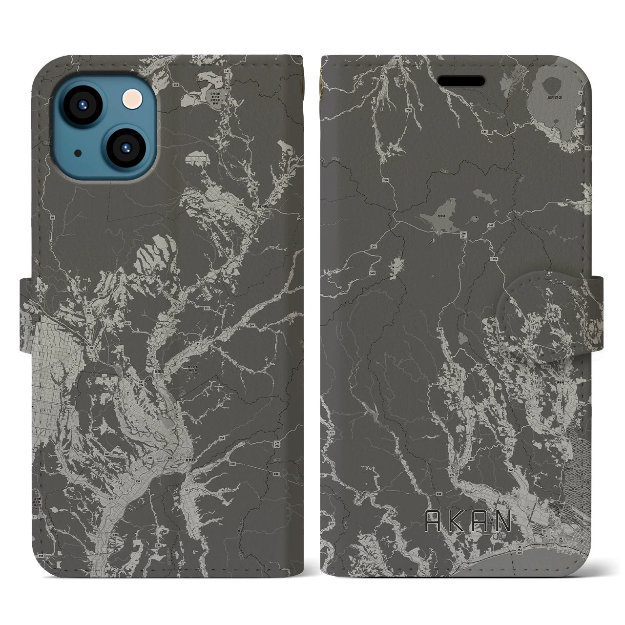 【阿寒(北海道)】地図柄iPhoneケース(手帳タイプ)モノトーン・iPhone 13 用